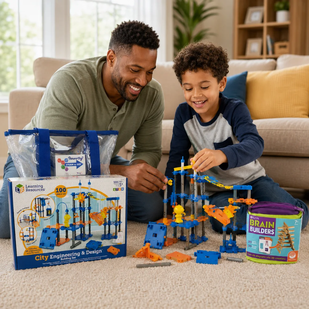 Parent and child building something together